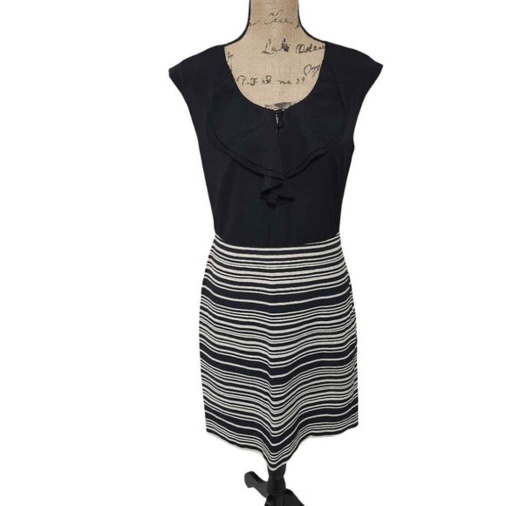 LOFT Black Cap Sleeve Stripe Skirt‎ Sheath Career Academia Dress Size 6
